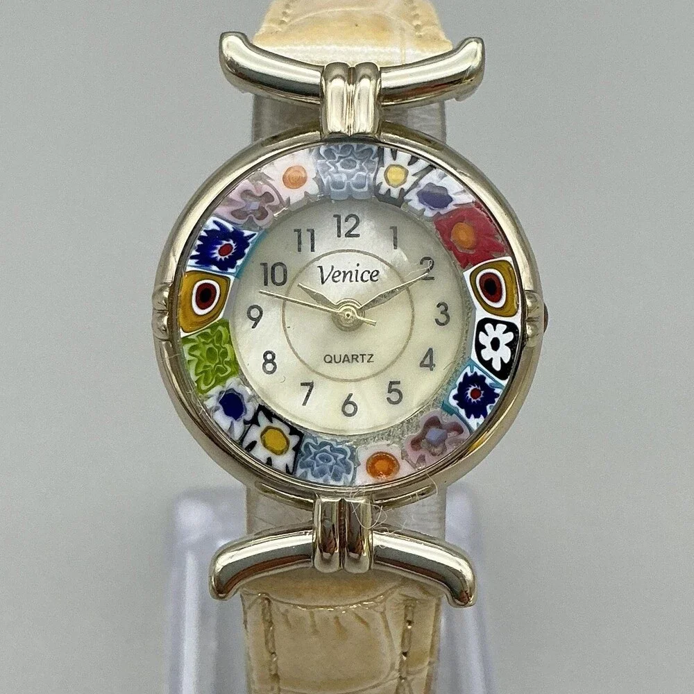 Venice Womens Watch 27mm Multicolor Floral Bezel Gold Tone Leather New Battery